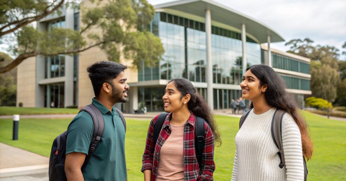 Study Abroad Agencies Kerala students discussing their future plans in front of an Australian university building.